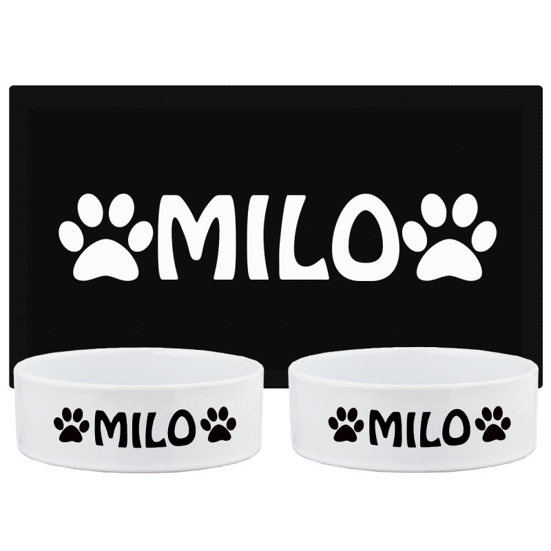 Personalised Dog Bowl & Mat Set with Paws