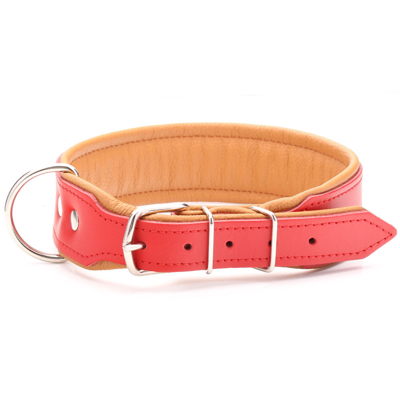 Large Collier Pour Chien En Cuir Rouge Et Beige Matelassé