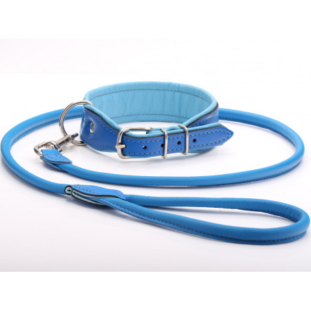 Posh Padded Blue Leather Dog Collar & Lead Set