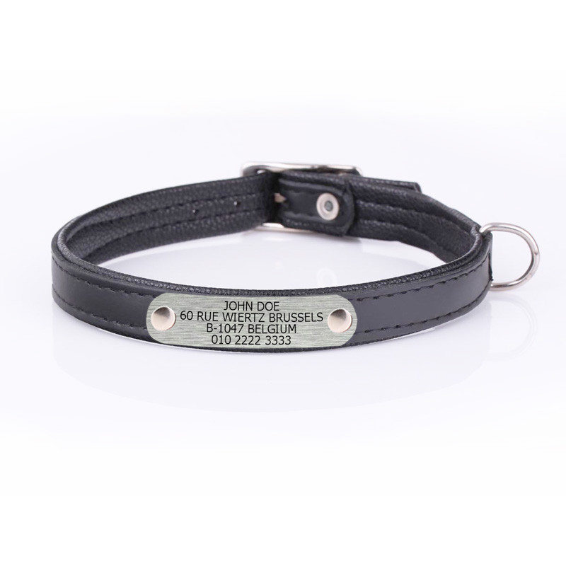 Black Leather Dog Collar with Personalised Nameplate Attached