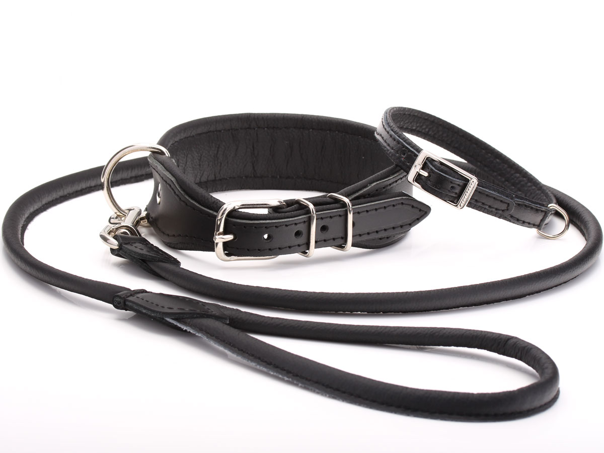 Luxury Black Leather Dog Collar & Leash Set