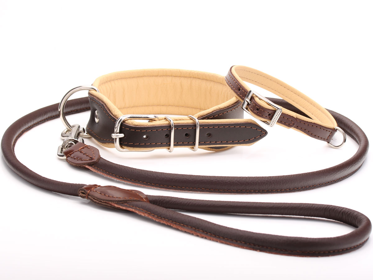 Thick Brown & Beige Leather Dog Collar & Lead Set