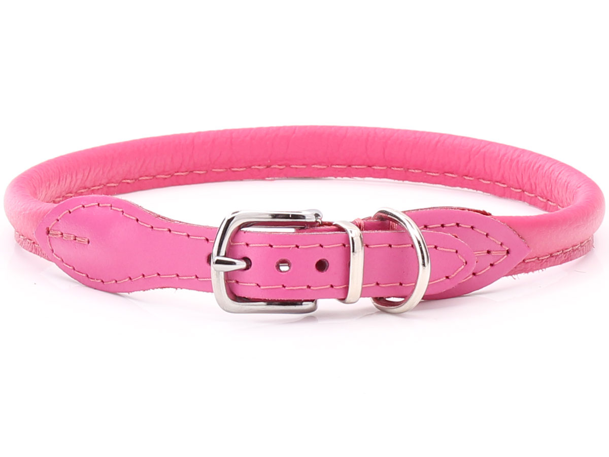 Pink Rolled Leather Dog Collar for dogs with long hair