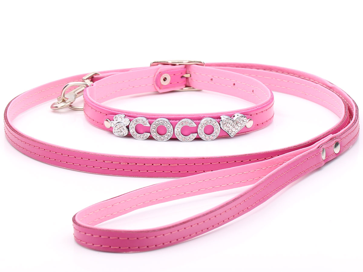 Personalised Pink Dog Collar with Matching Pink Lead